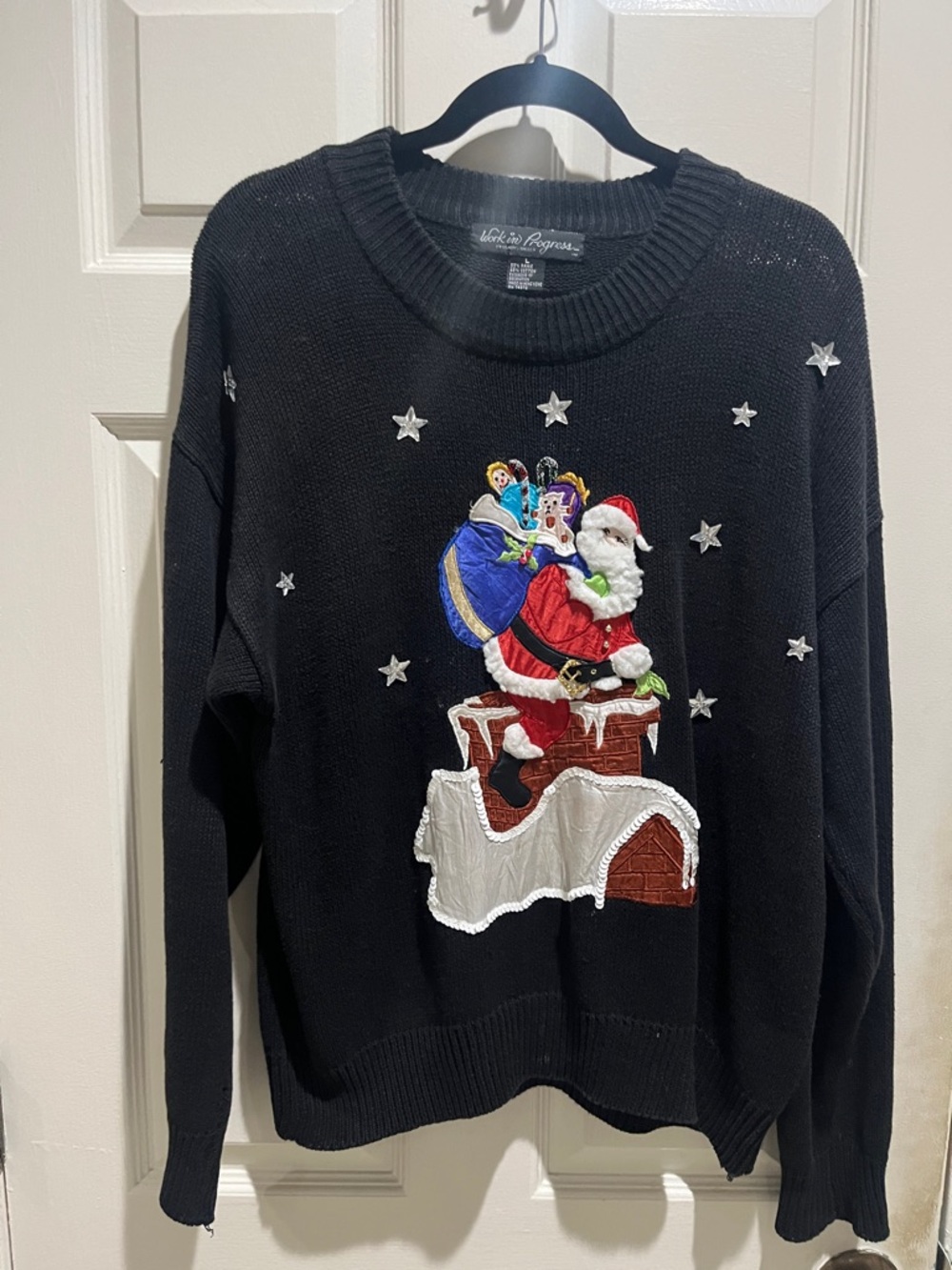 J. McLaughlin Black Crewneck Sweater with Embroidered Santa